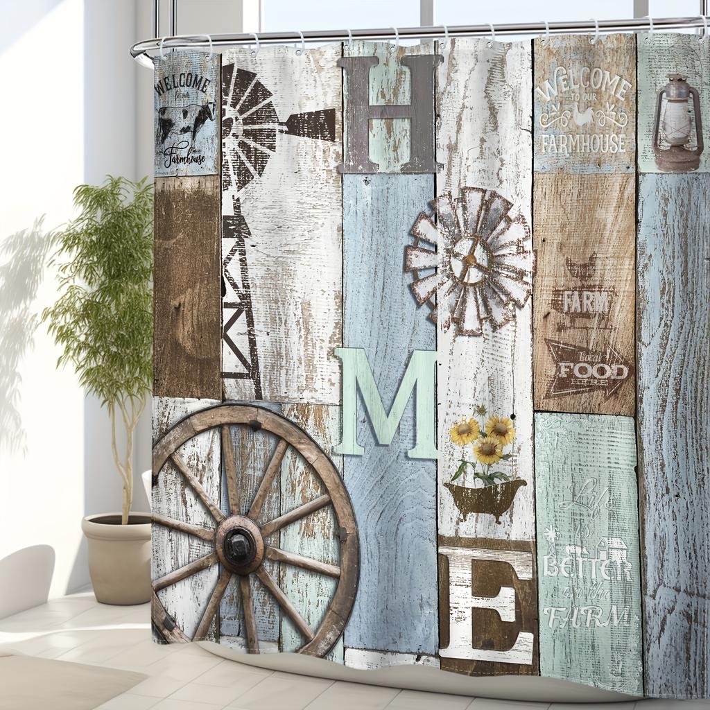 1pc Rustic Wooden Shower Curtain - Vintage Western Farmhouse, Barn Door & Wheel Design, Shabby Chic Sunflower, Bathroom Decor