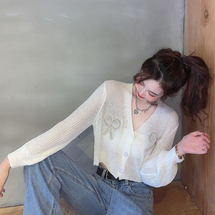 

Женский весенне-летний короткий плотный вязаный кардиган с длинными рукавами и вышивкой в виде бантика, тонкий, с защитой от солнца One size белый