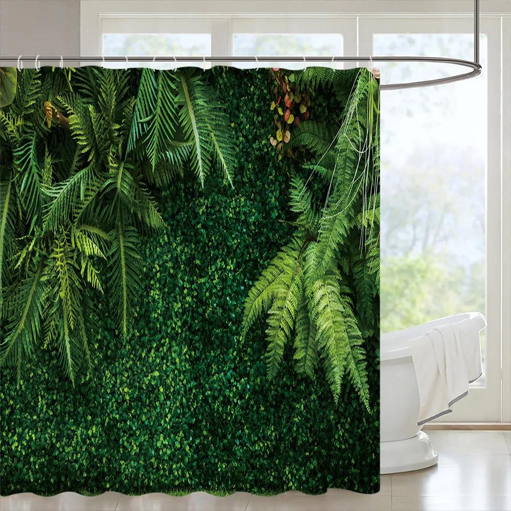Tropical Forest Shower Curtain Green Plants Nature Landscape Hanging Curtain Polyester Fabric Bathroom Decoration Set With Hooks