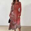 Women's Autumn And Winter Casual Fashion Round Neck Long Sleeve Print Long Dress