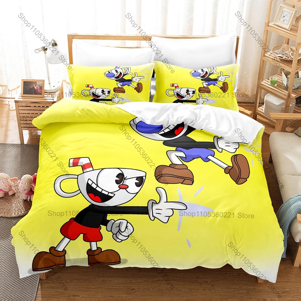 Fajny Klasyczny Run And Gun Cuphead Merch Zestaw Poszew na Kołdrę 1 Poszewka na Kołdrę + 2 Poszewki na Poduszki Miękka Mikrofibra