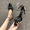 Rhinestone Bow High Heels Women 2024 New Spring and Autumn Pointy Net Red Packet Head Stiletto Sandals Fairy Wind