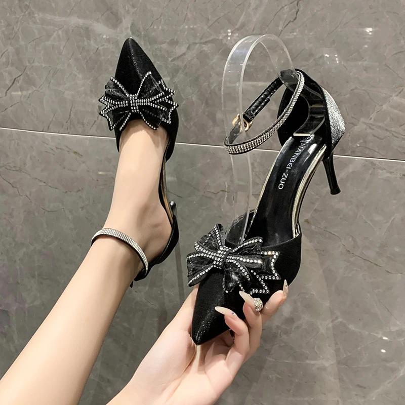Rhinestone Bow High Heels Women 2024 New Spring and Autumn Pointy Net Red Packet Head Stiletto Sandals Fairy Wind