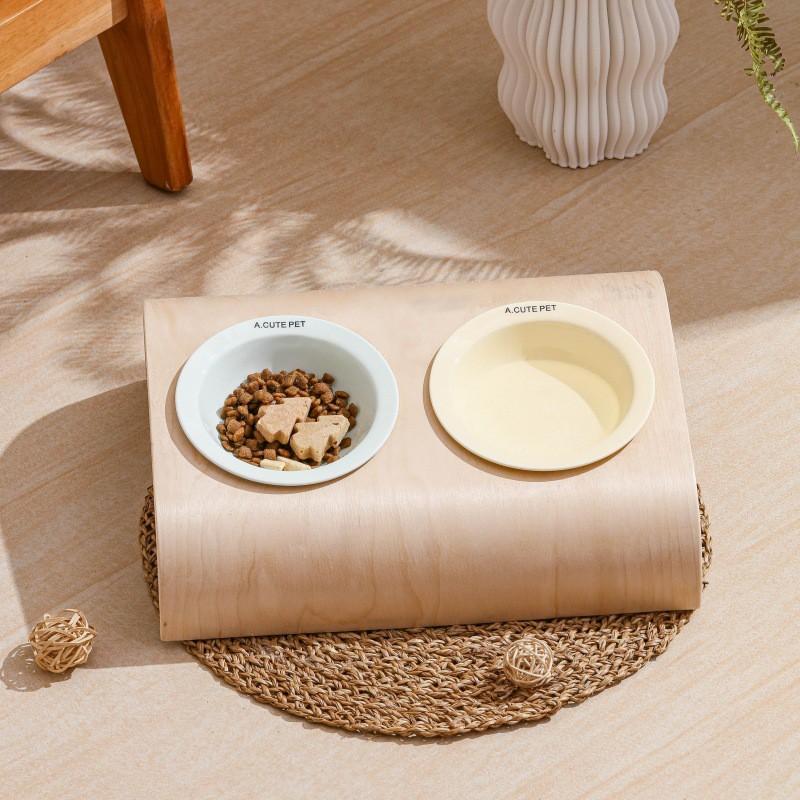 Wooden Cat Bowl Stand Holder Ceramic Food Water Bowls Anti-Tip Design Neck Support Pet Feeder Station