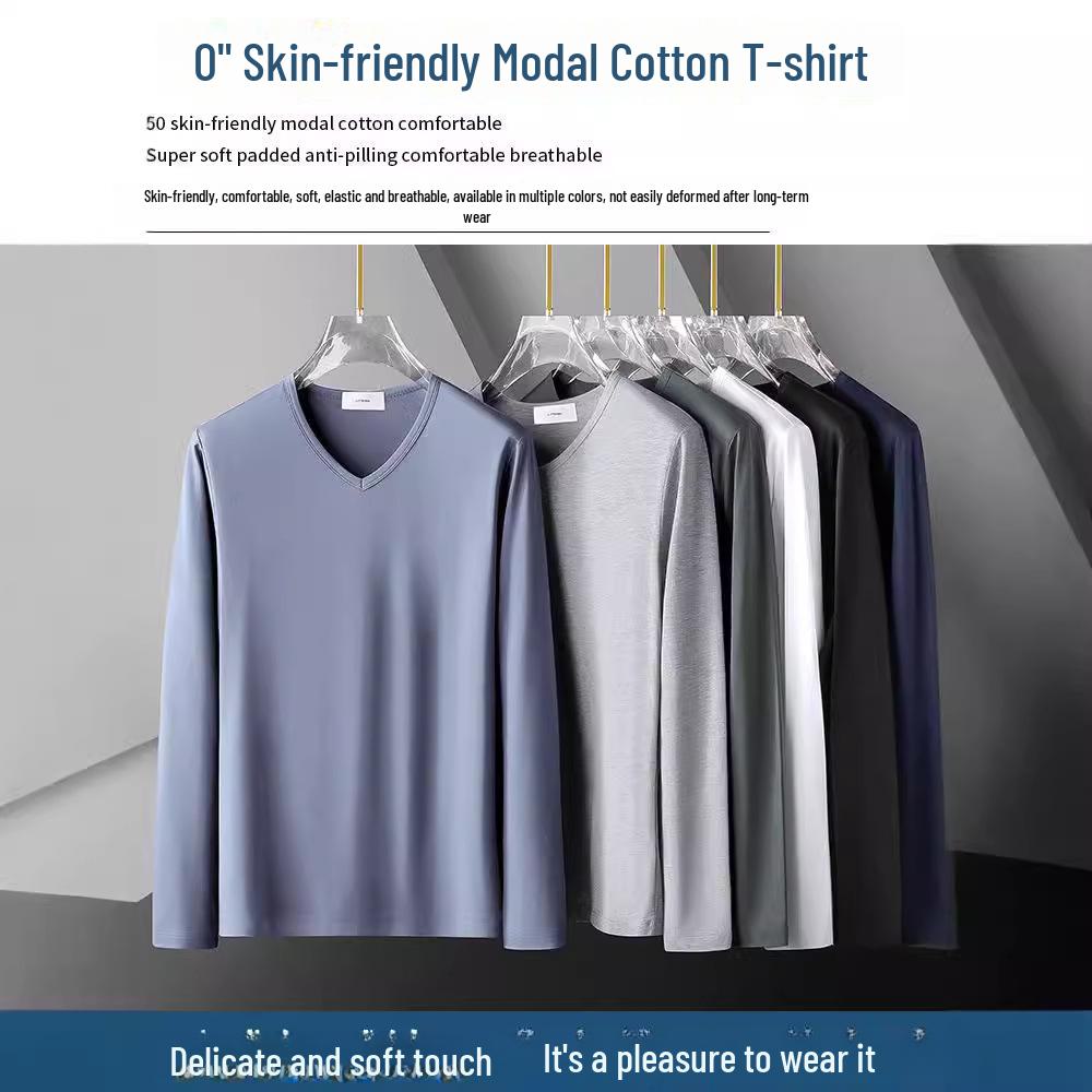 Męski T-shirt z dekoltem w serek z merceryzowanej modalu z długim rękawem - Jednolity kolor, Lekki, Idealny do warstwowania na wiosnę/jesień.