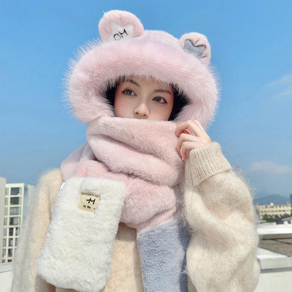 Three-piece hat set for women, autumn and winter, with fleece lining, thickened, integrated scarf and gloves, plush, warm, Korean style, ear