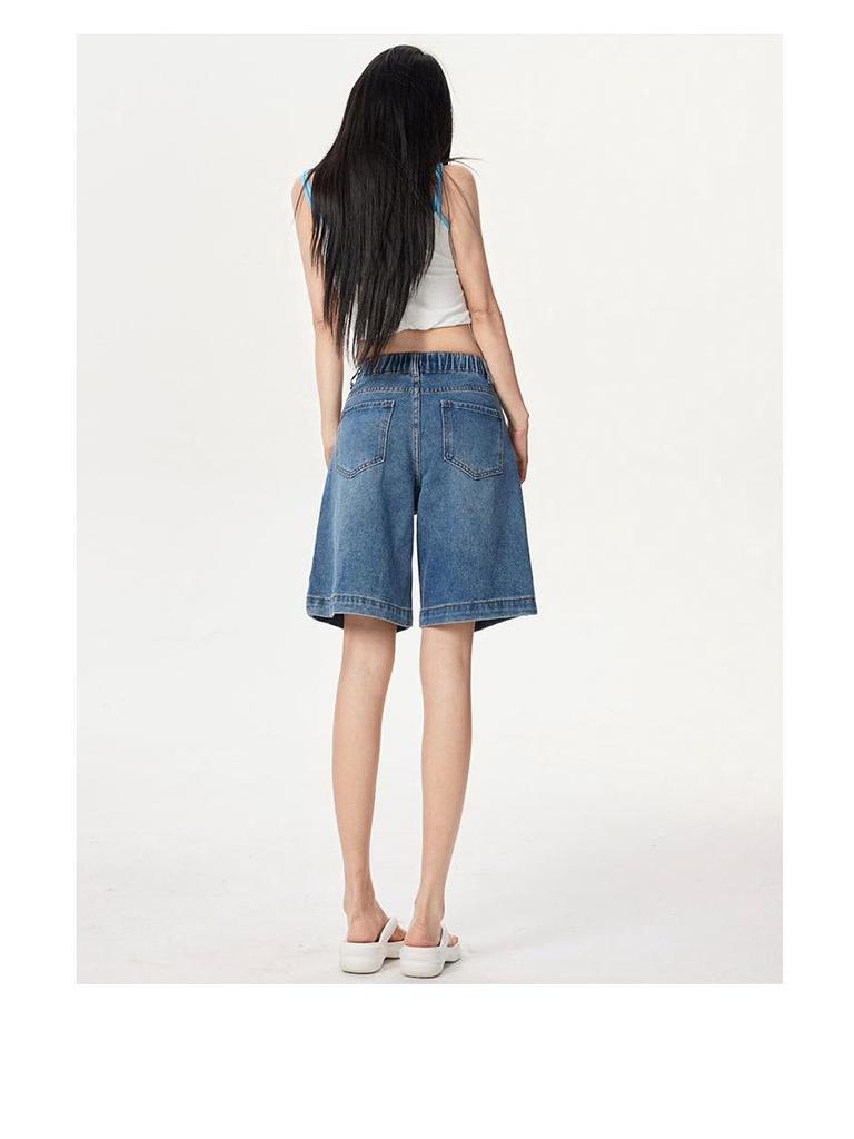 Retro Spicy Girl Elastic Waist Five-Point Denim Shorts – Women's Summer Mid-Length Wide-Leg Pants