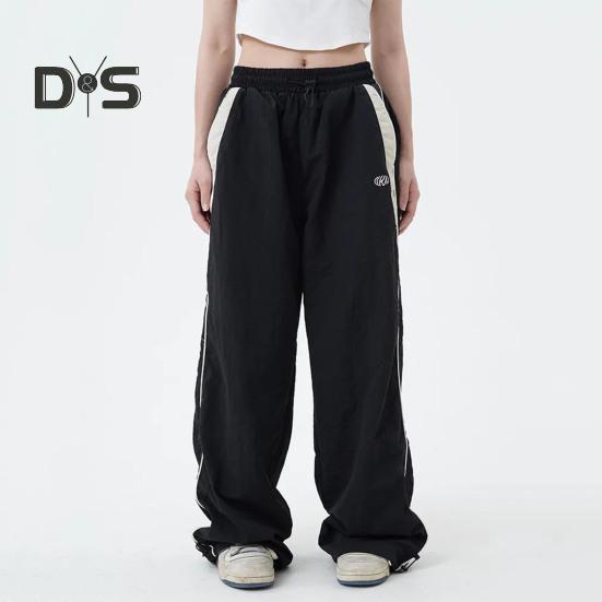 Women Summer Casual Pants Elastic High Waist Straight Wide Leg Long Trousers Contrast Color Pockets Sport Pants Streetwear