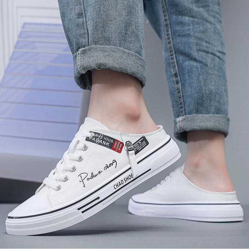 Men Half Slippers Slip-on Sneakers Low-top Canvas Shoes Men Outdoor Casual Walking Shoes Comfortable Breathable Vulcanized Shoes