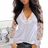 Fashion Womens Casual Sexy lace mesh stitching V-neck long sleeve top