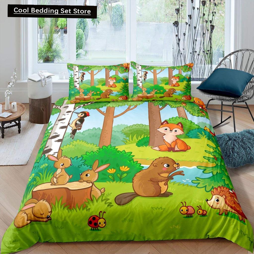 Kids Cartoon Animal Zebra Giraffe Fox Kangaroo King Queen Duvet Cover Boy Girl Rabbit Wildlife Bedding Set Polyester Quilt Cover
