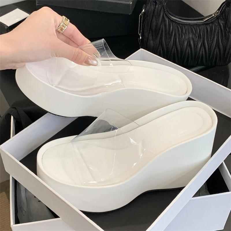 Eilyken Summer PVC Transparent Solid Platform Wedges Woman Slippers Thick Bottom High Heels Party Shoes