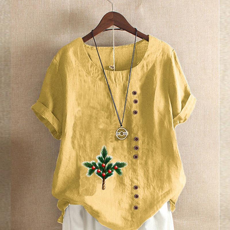 

Женская модная футболка с круглым вырезом и коротким рукавом, повседневная хлопковая льняная рубашка с рисунком, летняя блузка с принтом и звенящими колокольчиками, топы больших размеров XXL жёлтый