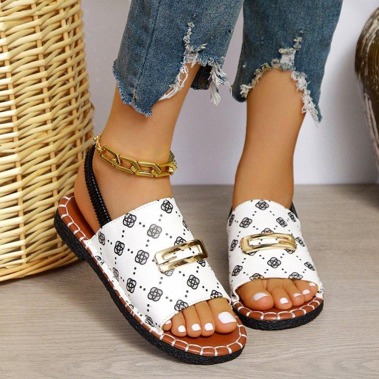 Large size one-word with round head European and American style sandals, new flat-bottomed metal buckle beach women's shoes