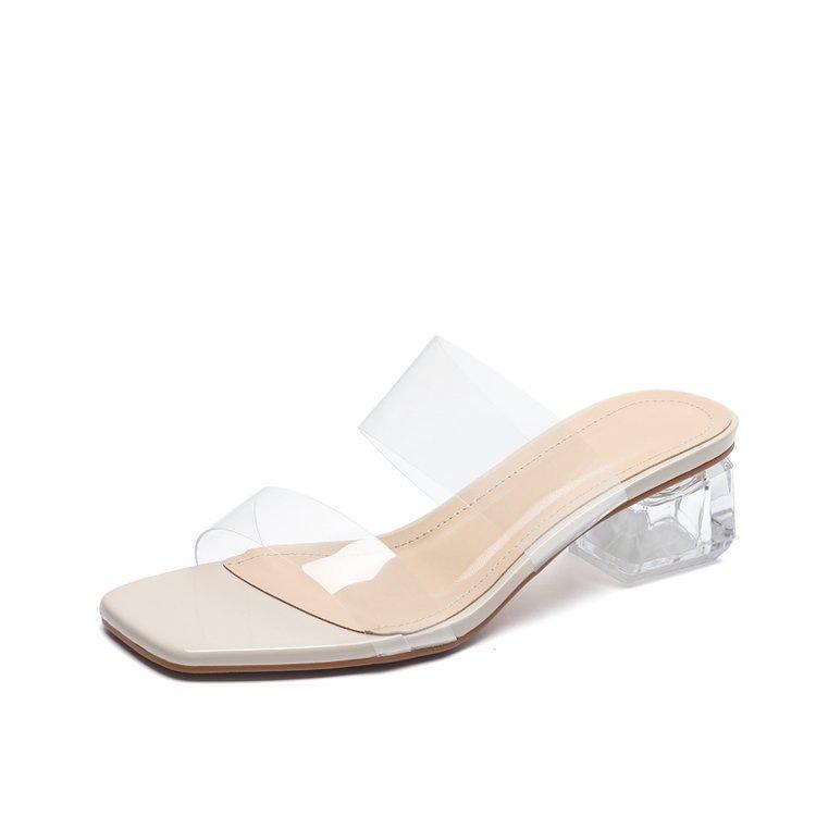 Transparent medium heel crystal shoes high heel sandals new summer fashion thick heel outer wear cool slippers