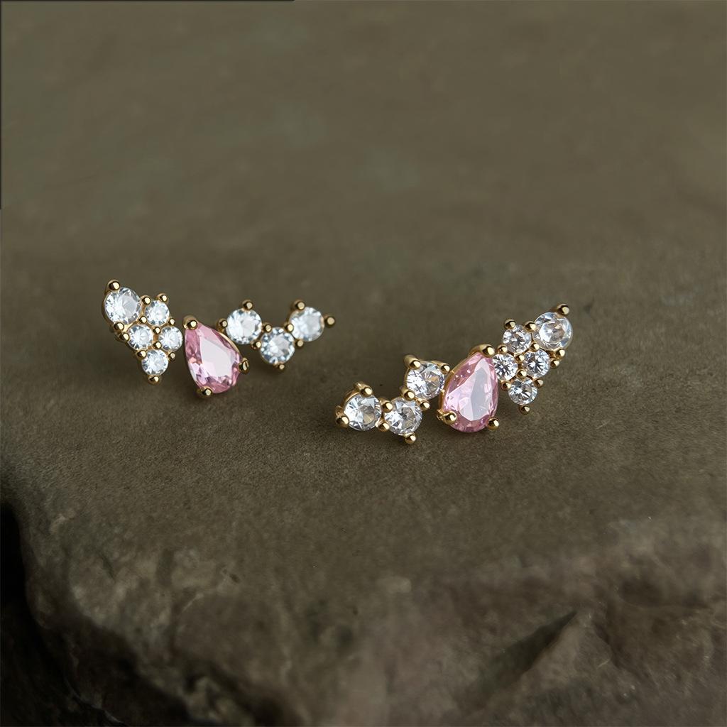 18K Gold Plated Teardrop Pink Zircon Stud Earrings - Elegant & Luxurious Women's Jewelry