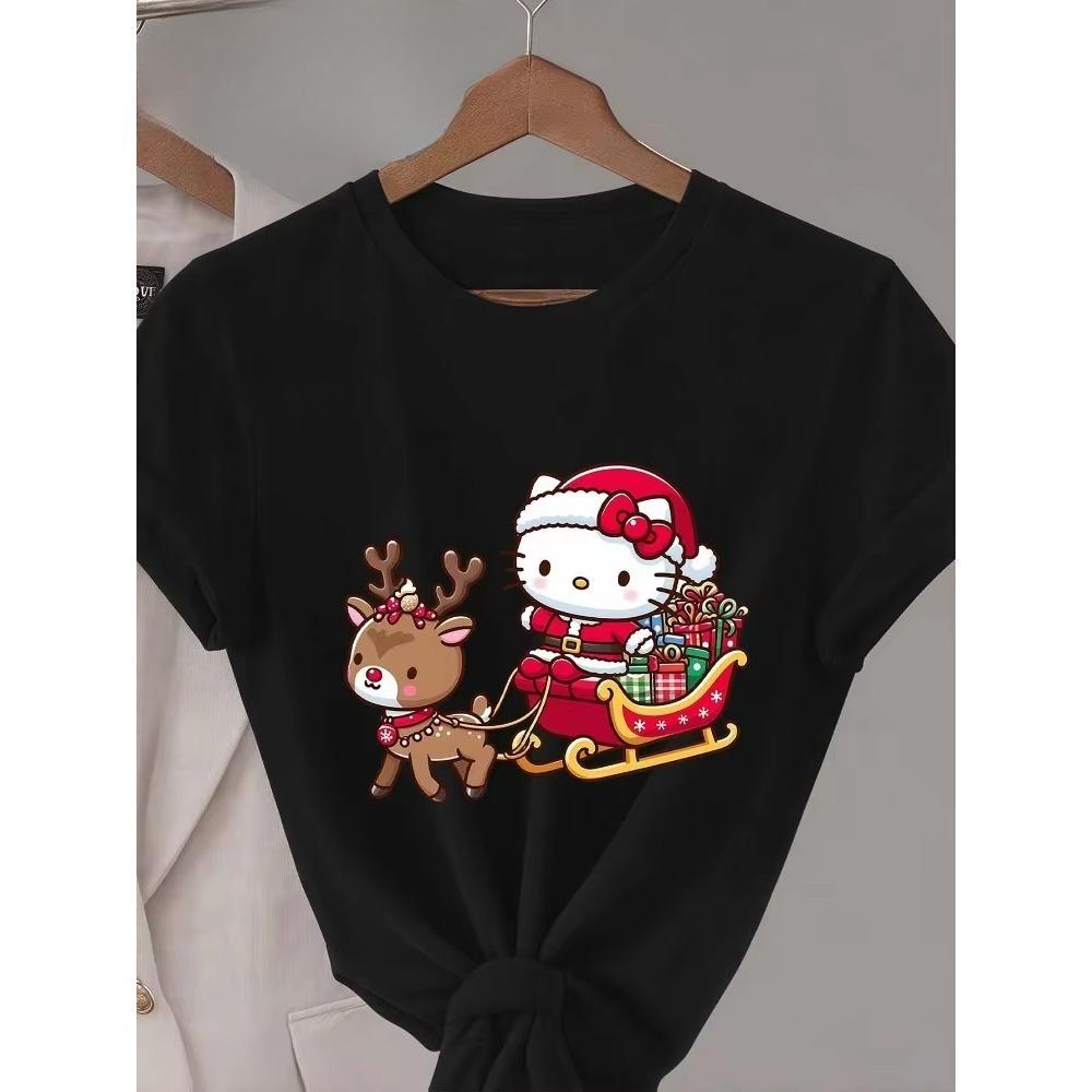 

Hello Kitty Christmas Sleigh Cute Holiday ShortSleeve Kitty Cat Print Women Crew Neck TShirt Casual Letter Print Top S