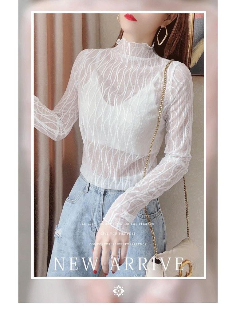 Women's Sheer Lace Long Sleeve Top with Half High Neck