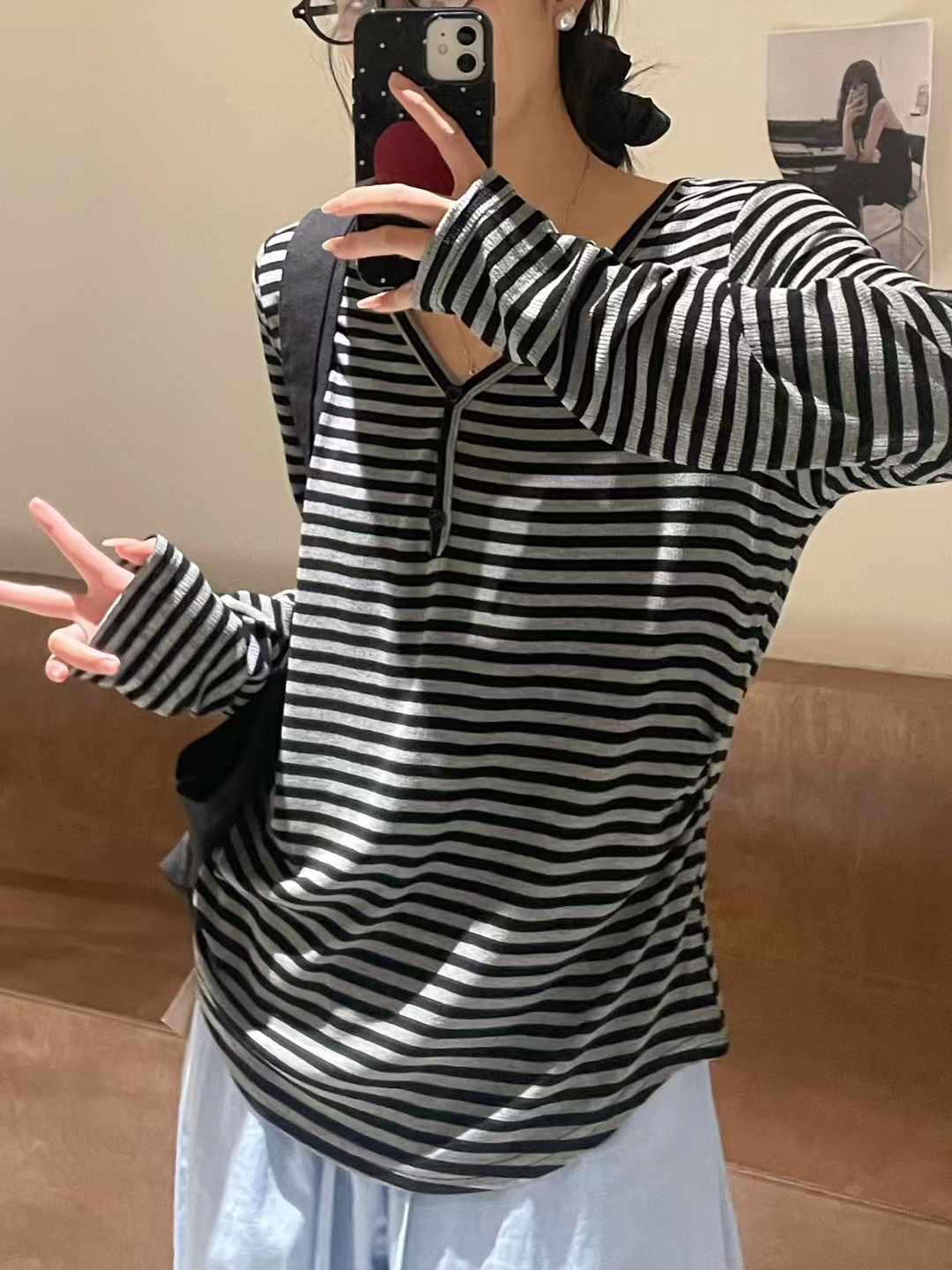 

Женская футболка Big 7 весенняя корейская большого размера в полоску с длинным рукавом One Size чёрный