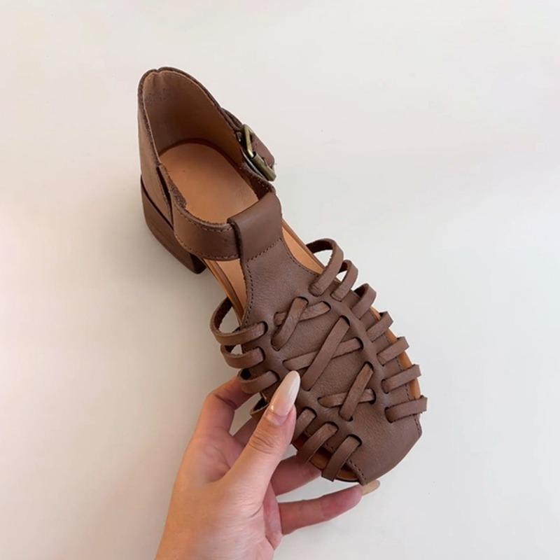 Sheepskin version niche retro woven open-toed summer sandals women's leather thick heel one-word bag head shoes