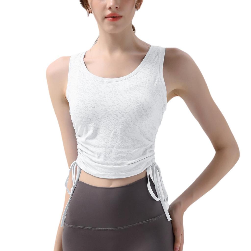 Nude Jacquard Drawstring Sports Top - Women's Breathable, Waist-Slimming, Quick-Dry Yoga & Fitness Wear.