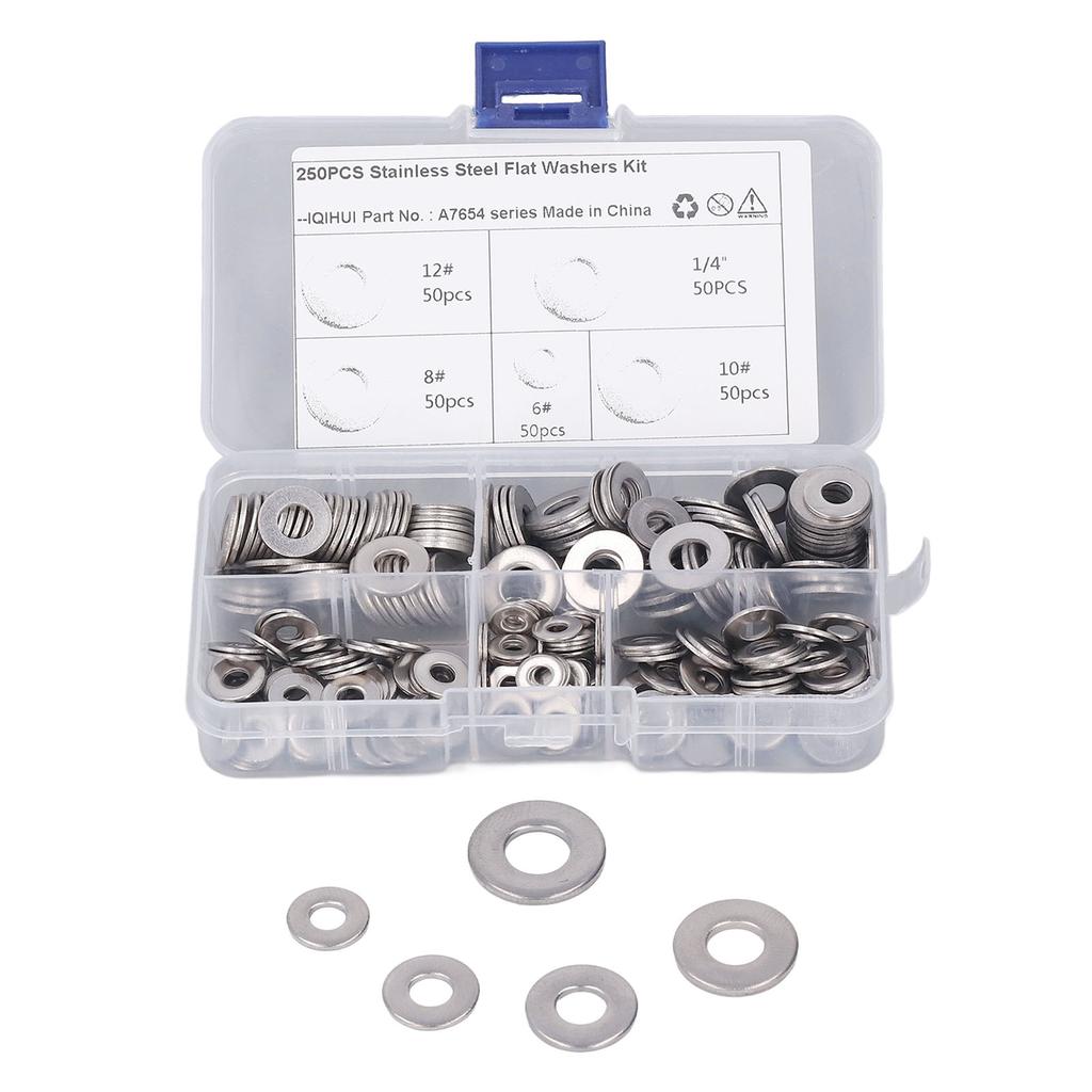 250PCS Flat Washer Kit Stainless Steel 5 Specifications Anti Corrosion Washers Assortment Set for Furniture