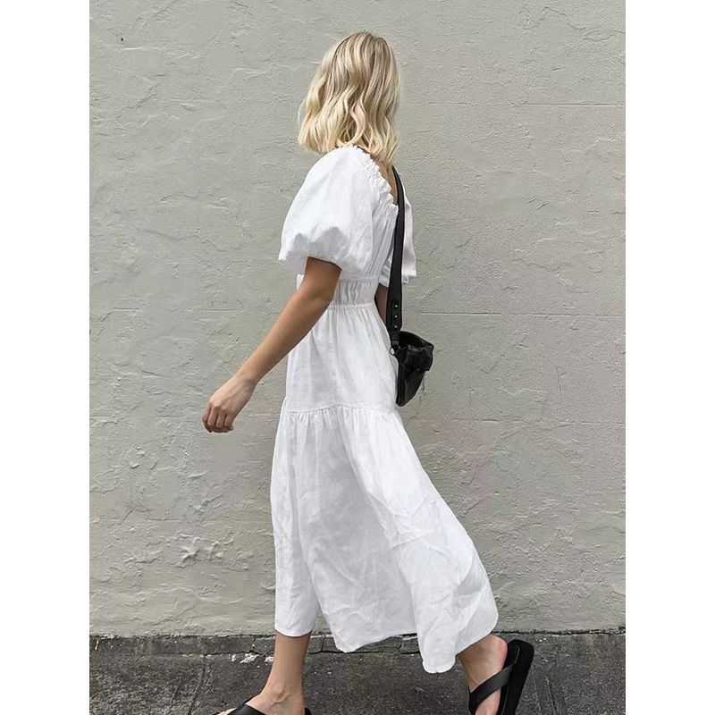 French Style Elegance White off-Shoulder Puff Sleeves Waist-Tight Dress Sexy One Line Neck Dress