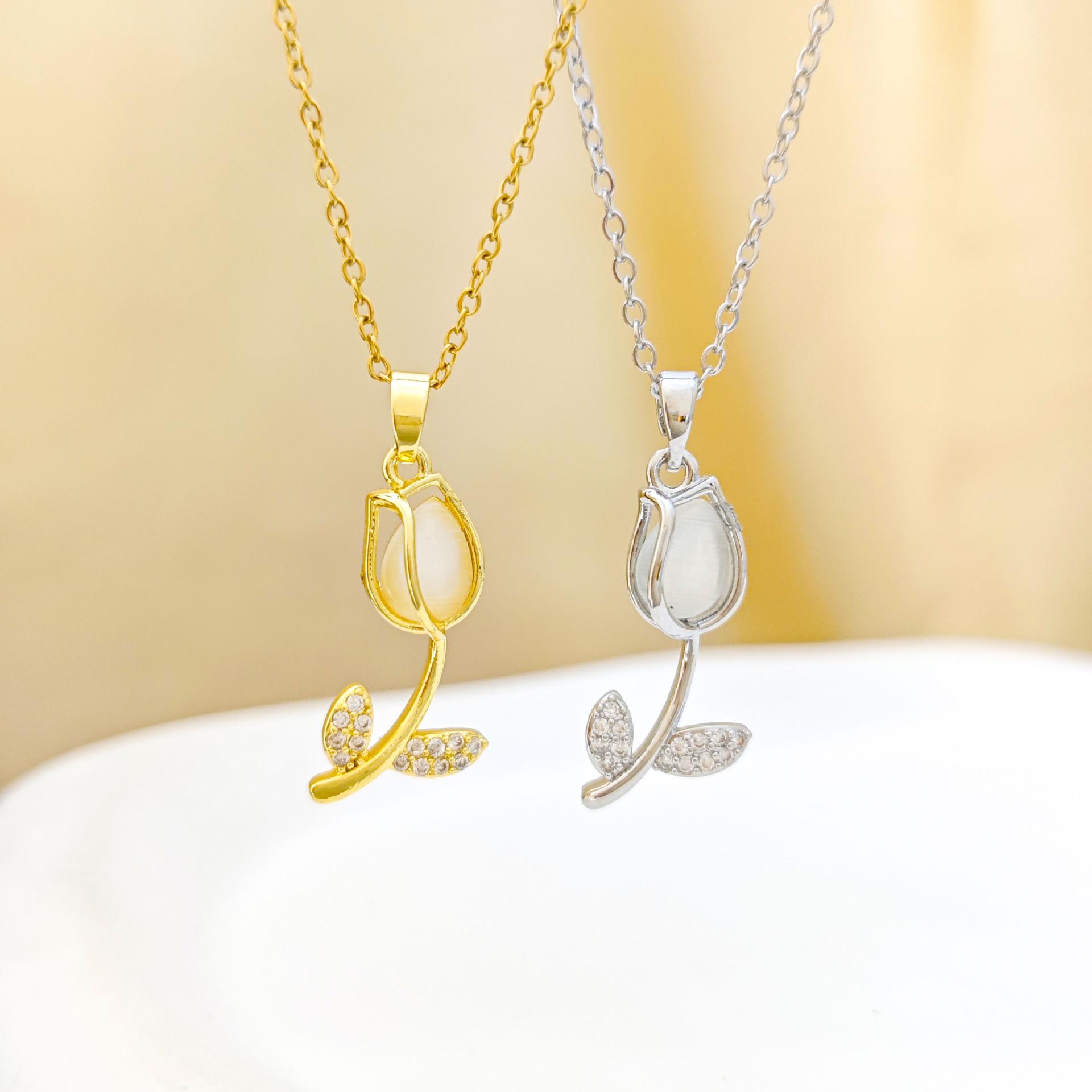 Korean Cat s Eye Tulip Necklace – Elegant, Personalized Clavicle Pendant C383 Gold Cat s Eye Necklace