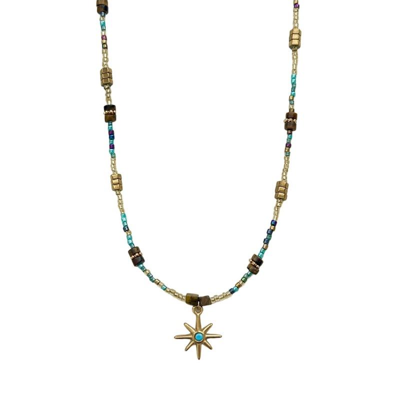 Titanium Steel Octagonal Star Natural Stone Dopamine Colored Bead Necklace, A Unique Collar Chain for The Petite.