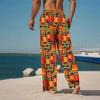 Men Orange Green Red African Kente Geometric Print Drawstring Straight Trousers With Side Pockets Ethnic Bottoms