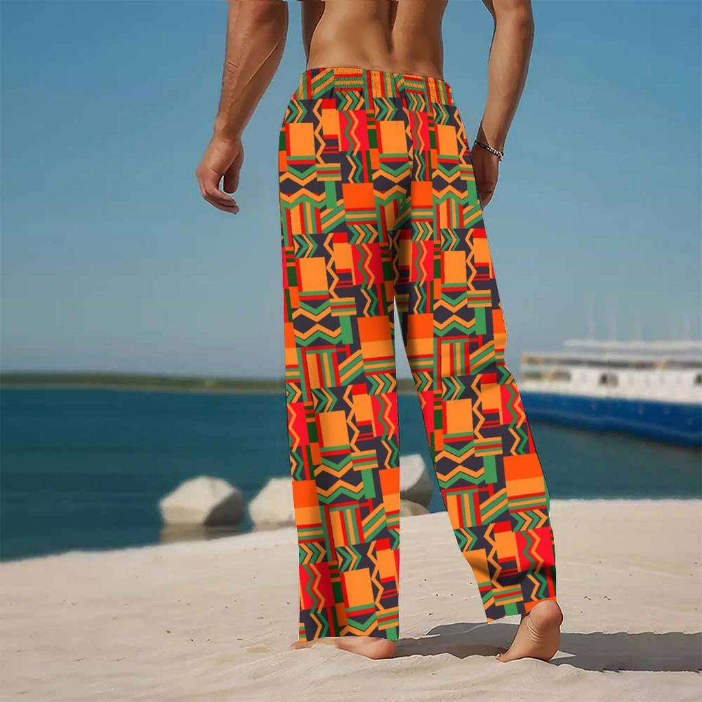 Men Orange Green Red African Kente Geometric Print Drawstring Straight Trousers With Side Pockets Ethnic Bottoms