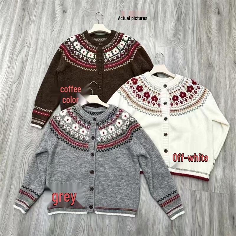 Women's Retro Fair Isle Color Block Knit Cardigan Sweater, Autumn Winter 2026 Trendy Loose Fit Casual Coat