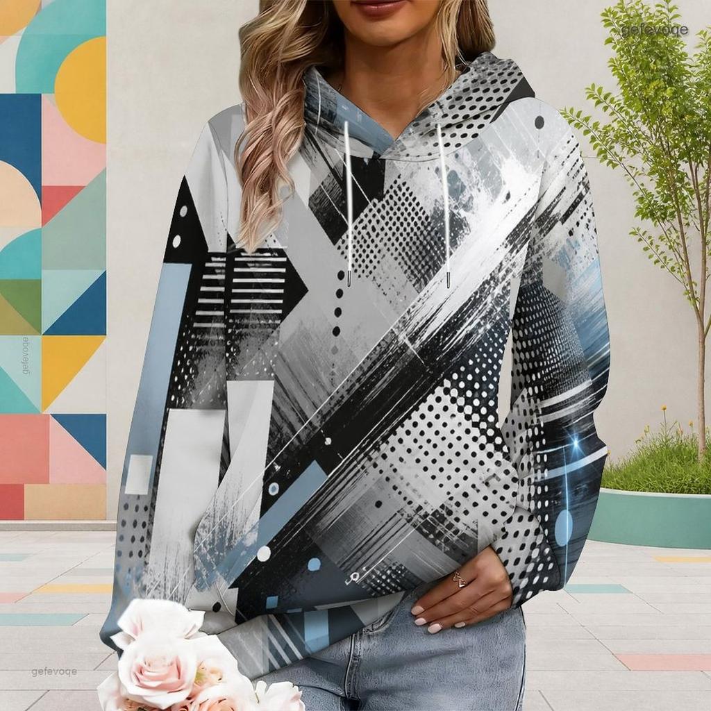 Women Plus Size Off White Printed Long Sleeve Drawstring Hoodie With Kangaroo Pocket