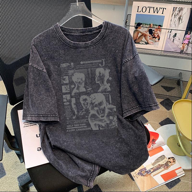 Unisex Washed Distressed Cotton Short-Sleeve T-Shirt - Loose Fit, Early Spring Trendy Brand Medium