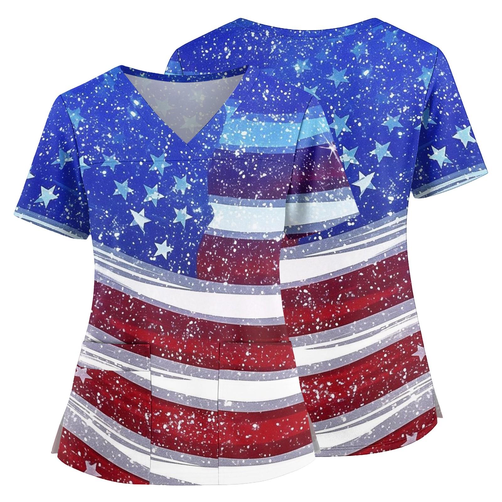 

Women Nurse Scrub Top V Neck Short Sleeve Side Slit with Pockets Independence Day Pattern Medical Uniform Shirt for Healthcare Professionals S