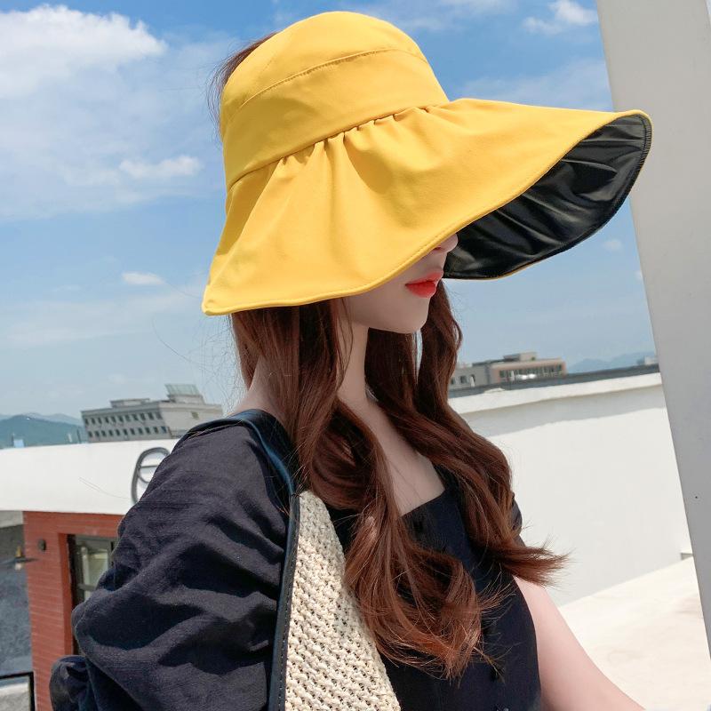

Hat women s empty top sun hat summer leisure travel UV protection big eaves sun protection vinyl bucket hat exposed ponytail One Size