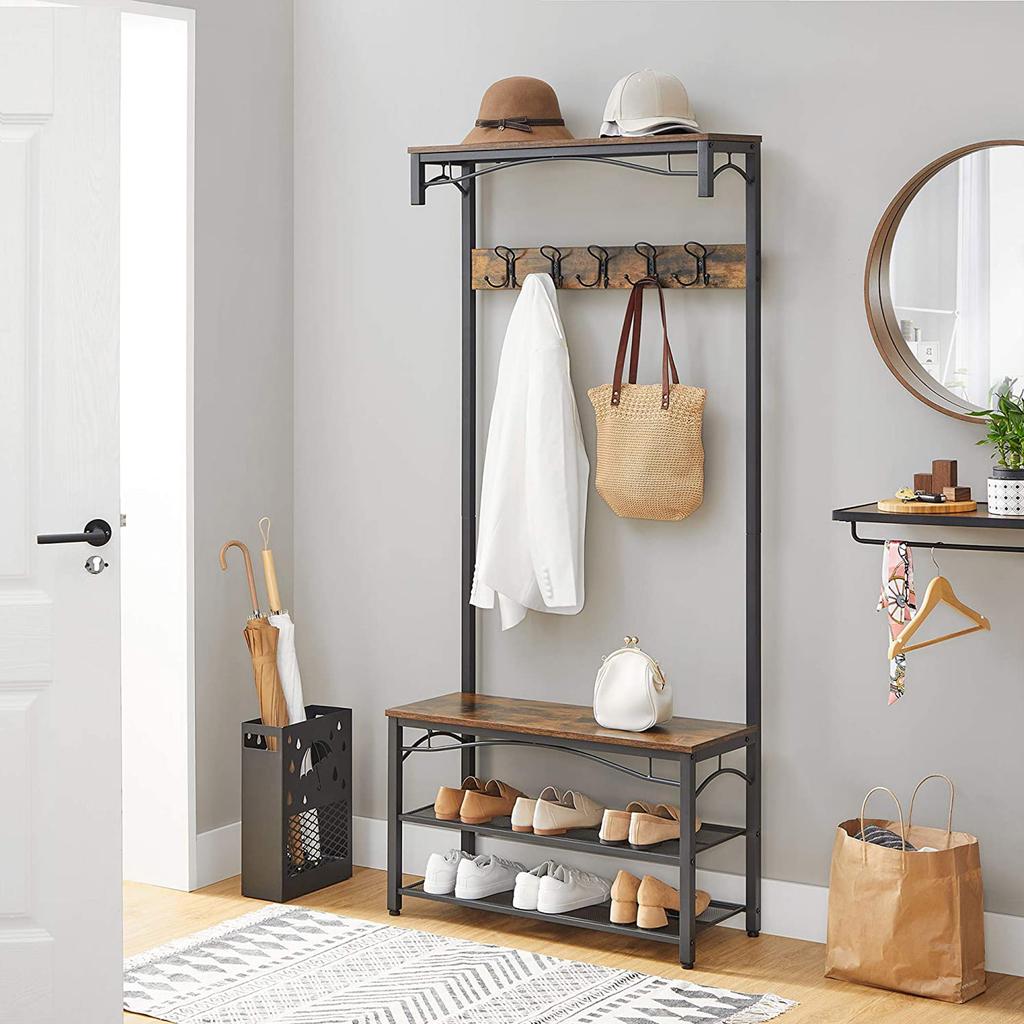VASAGLE Coat Rack Stand, Industrial Coat Tree, Hallway Shoe Rack and Bench with Shelves, Hall Tree with Hooks, Matte Metal Frame