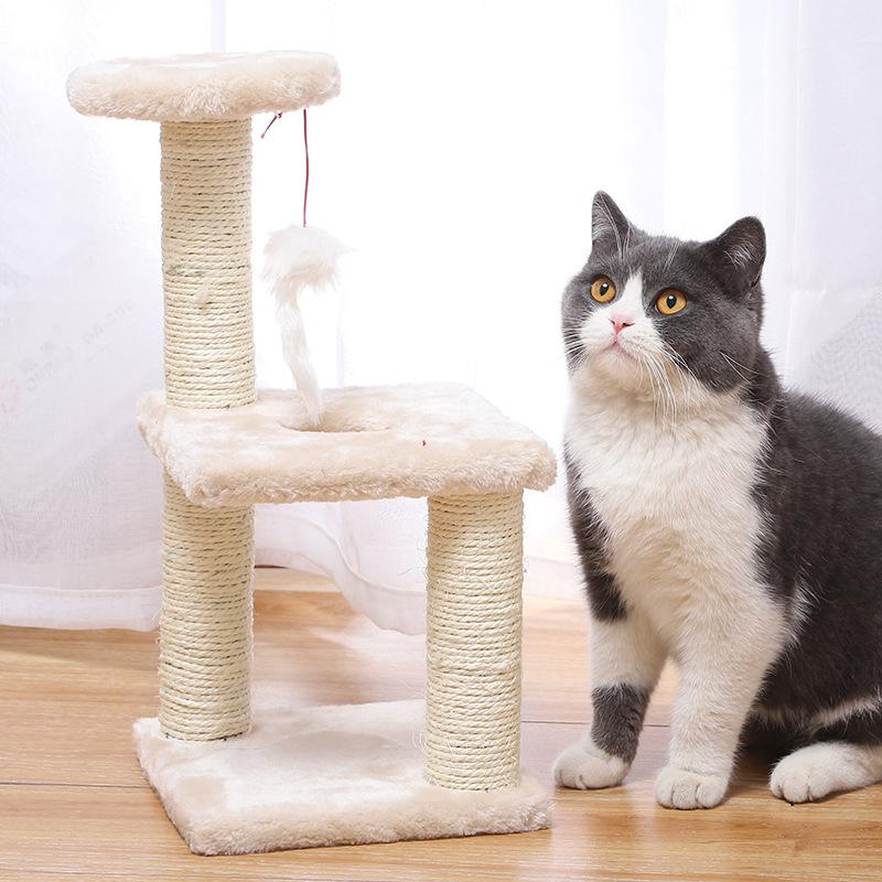 Three Layer Cat Tree Tower with Plush Mouse Toy Stable Base Wear-resistant Indoor Sisal Cats Scratching Post Pet Furniture