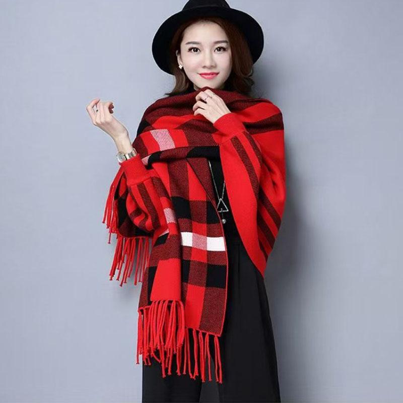 Dámský ležérní dámský svetr s dlouhým rukávem, dámská šála, oboustranná pelerína, kostkovaný pletený zateplený teplý kardigan