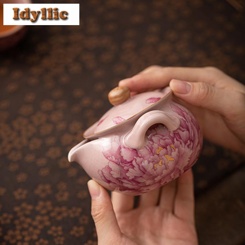 200ml Ru Kiln Peony Hand Grab Teapot Elegant Tea Infuser Pot Tea Making Kettle With Filter Dahongpao For Tea Supplies Ornaments