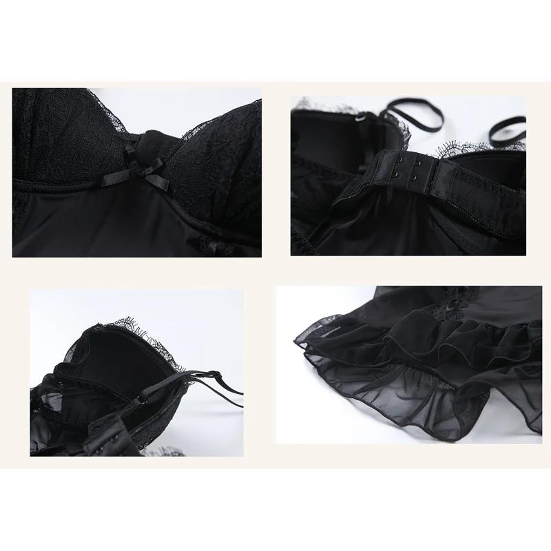 Sexy Dessous-Pyjama aus einfarbigem Netzstoff mit gepolstertem Pyjama, plissiertem, durchsichtigem, rückenfreiem Babydoll mit Hosenträgern