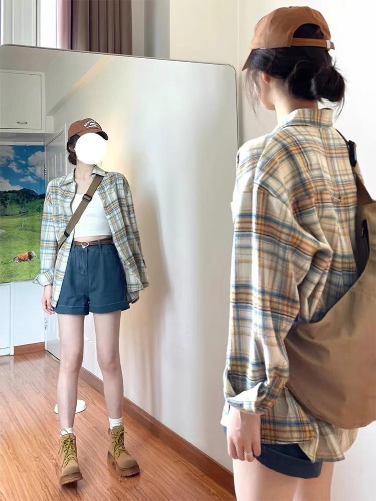 American Spice Girl Vintage Plaid Long Sleeve Red Shirt Women's Spring and Autumn Pure Desire Lazy Plaid Top Jacket Tide
