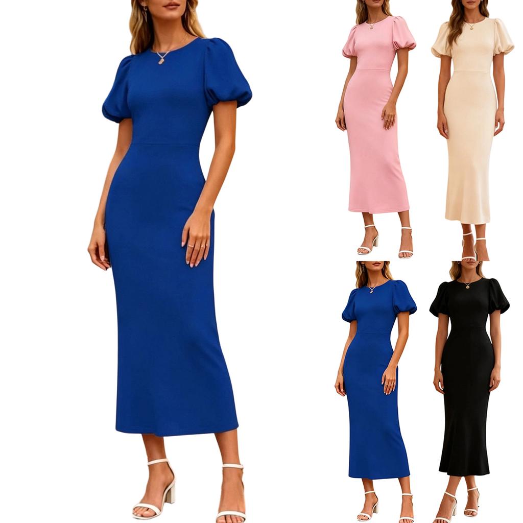 Dames Pofmouw Formele Midi Jurk Elegante Ronde Hals Getailleerd Stretchy Zakelijke Cocktail Potloodjurk Voor Werkfeest