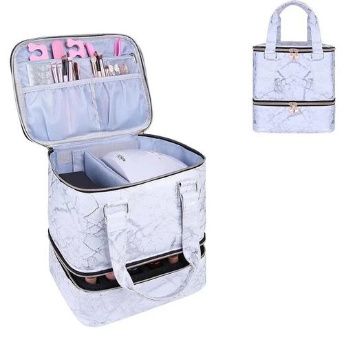 Double Layer Nail Polish Organizer Makeup Bag, Large Capacity Portable Nail Art Storage with UV Lamp Holder Double portable 1
