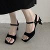 Simple Basic Model, First Layer Sheepskin 2025 Summer Thick High Heel Square Head Open Toe One-word Buckle Leather Sandals Women