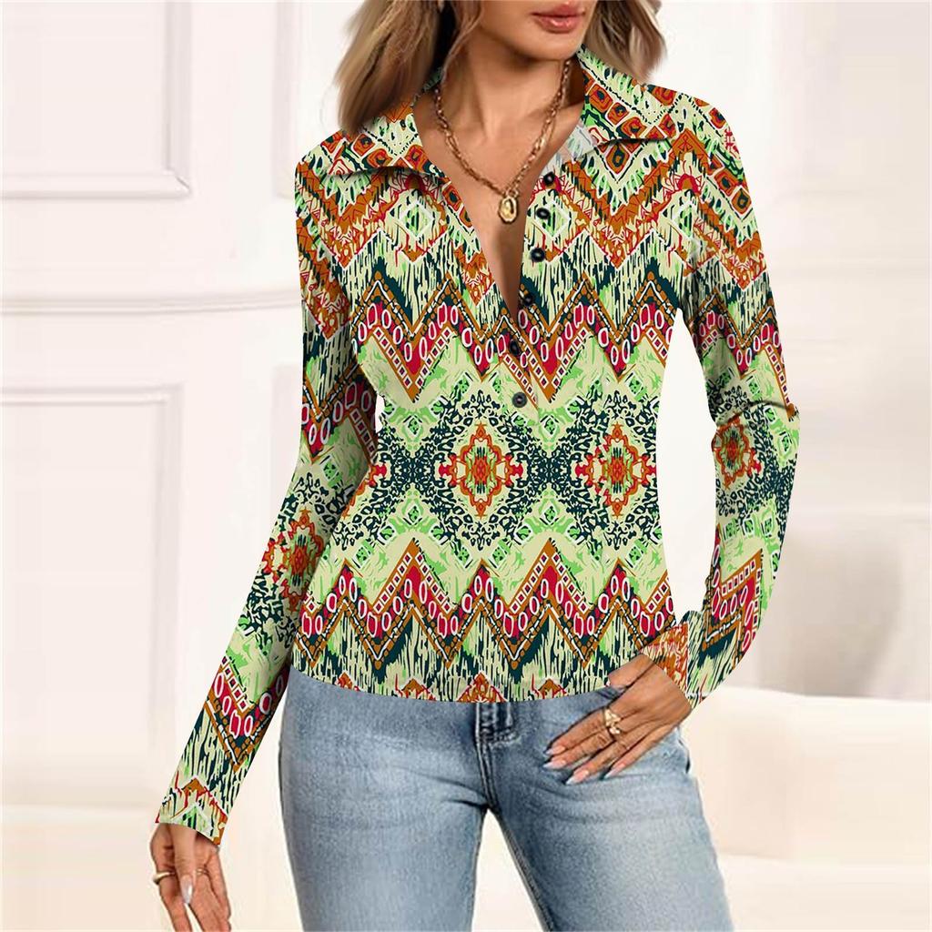 Damska Moda Casual Drukowana Bluzka z Dekoltem w Serek, Długim Rękawem, Zapinana na Guziki