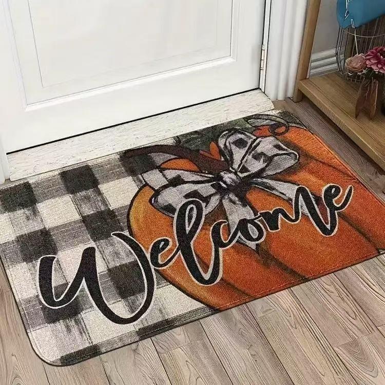 Autumn Theme Door Mat With Pumpkin Maple Leaf Sunflower Patterns Soft Decorative Entryway Rug For Home Indoor Outdoor
