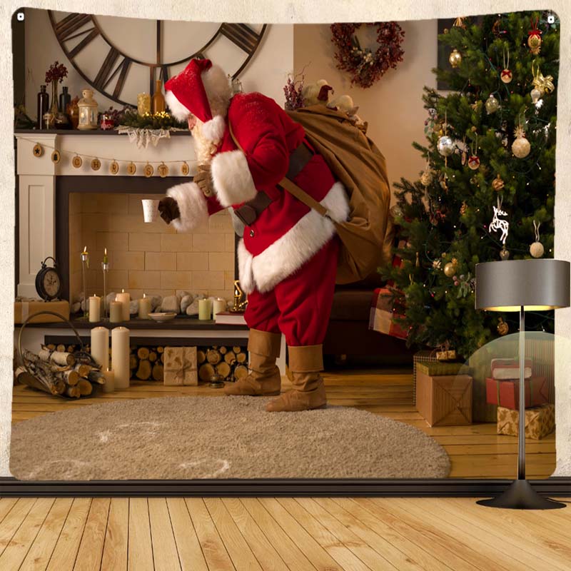 Merry Christmas Santa Claus Fireplace Print Pattern Tapestry Home Living Room Bedroom Decoration Background Cloth Tapestry