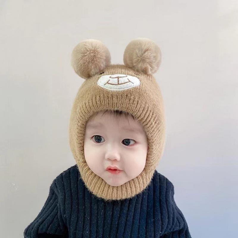 Leuke cartoon beer babymutsje sjaal winter warm dubbele pompom oorbescherming hoeden motorkap pasgeboren peuter jongen meisje mutsen