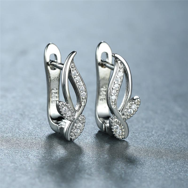 

Luxury Female Crystal Leaf Hollow Hoop Earrings Charm Gold Color Dainty Rainbow Zircon Wedding Jewelry For Women срібний